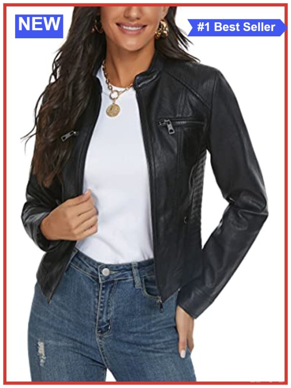 Faux Leather Moto Biker Jacket Stand Collar Slim Fit Women's Outerwear